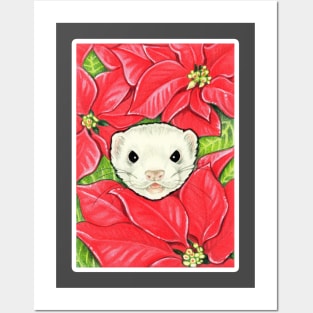 Ferret in Poinsettias - White Outlined Version Posters and Art